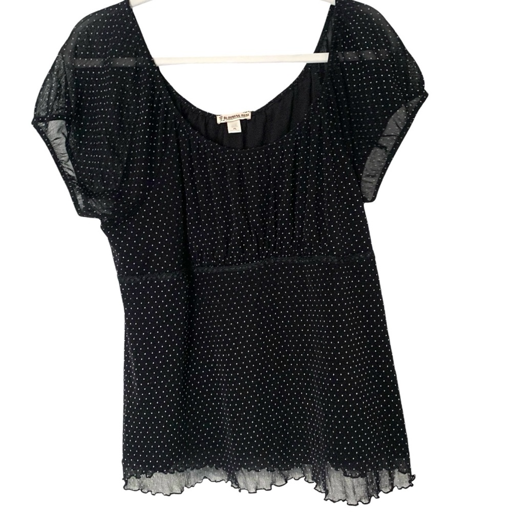 Y2K 90’s Womens PL Black Polka Dot Sheer Puff Sleeve Babydoll Top Milkmaid